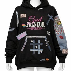 Black Graphic Hoodie with Denim Accents